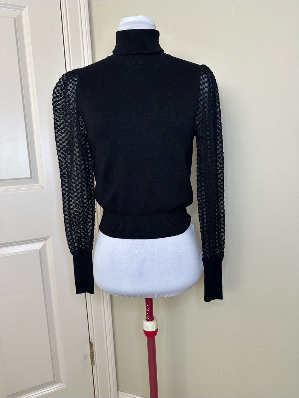 Zara Black Turtleneck Sweater with Knit Mesh Sleeves medium